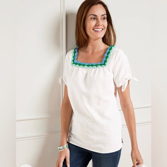 🆕 NWT Talbots Crochet Trim Linen Top Blouse Square Neck Bow Tie Sleeve Medium - Picture 3 of 16